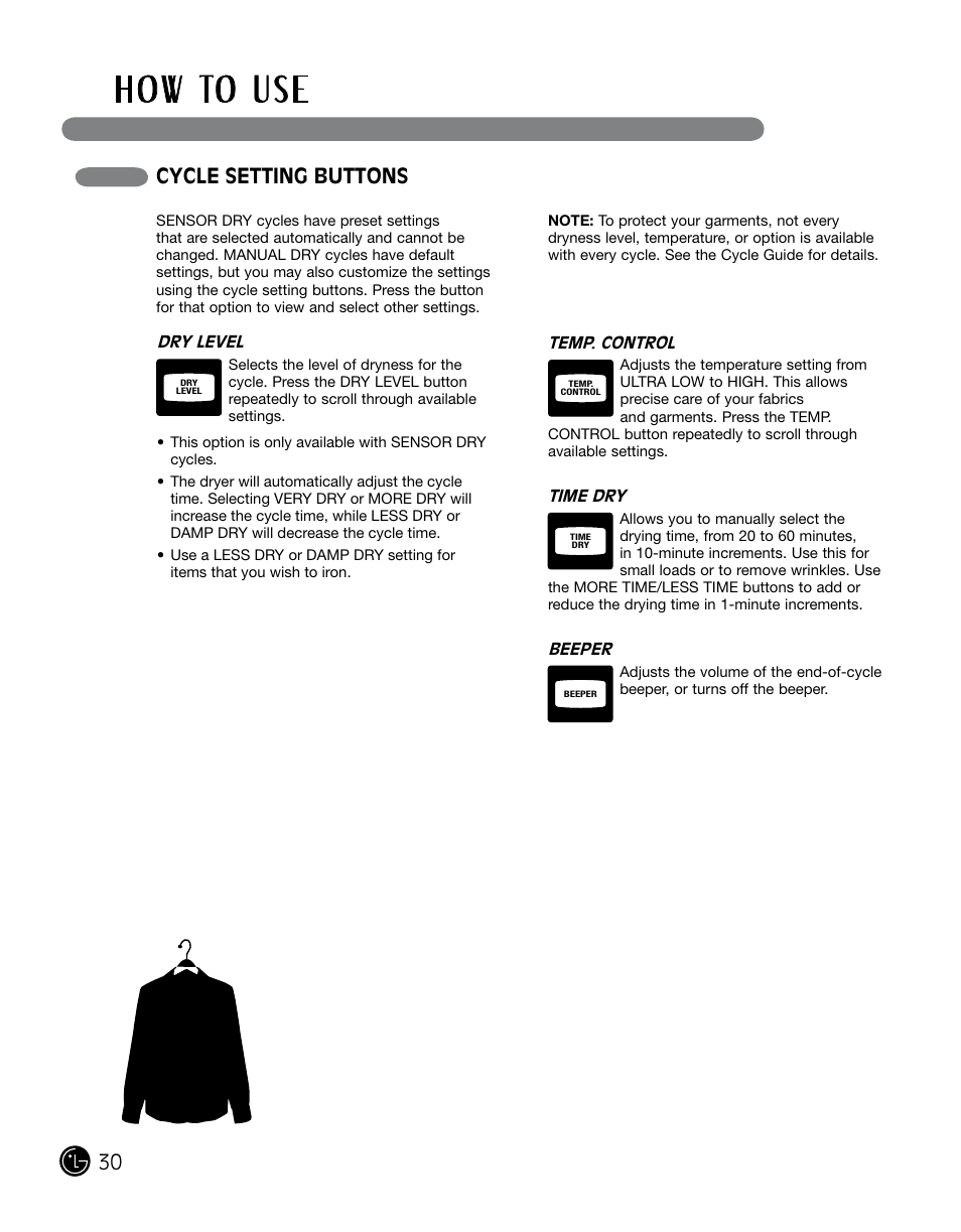 H o w to u s e, Cycle setting buttons | LG DLGX0002TM User Manual | Page 30 / 92