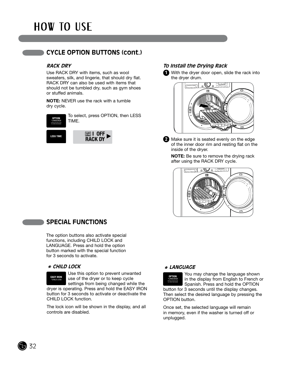 H o w to u s e, Special functions, Cycle option buttons (cont.) | I off rack dy | LG DLGX0002TM User Manual | Page 32 / 92