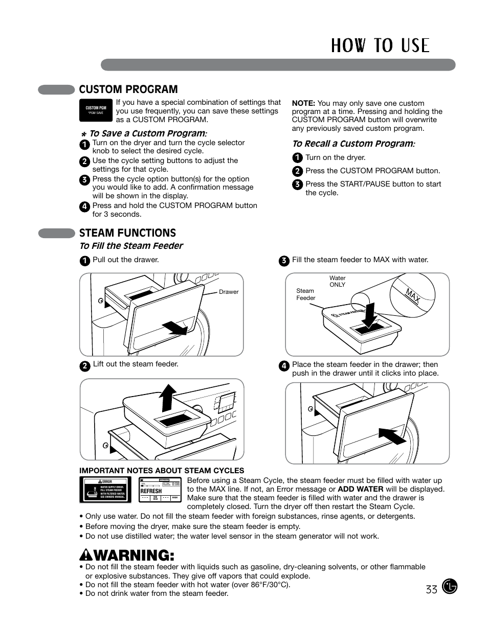 H o w to u s e, Wwarning, Custom program | Steam functions | LG DLGX0002TM User Manual | Page 33 / 92