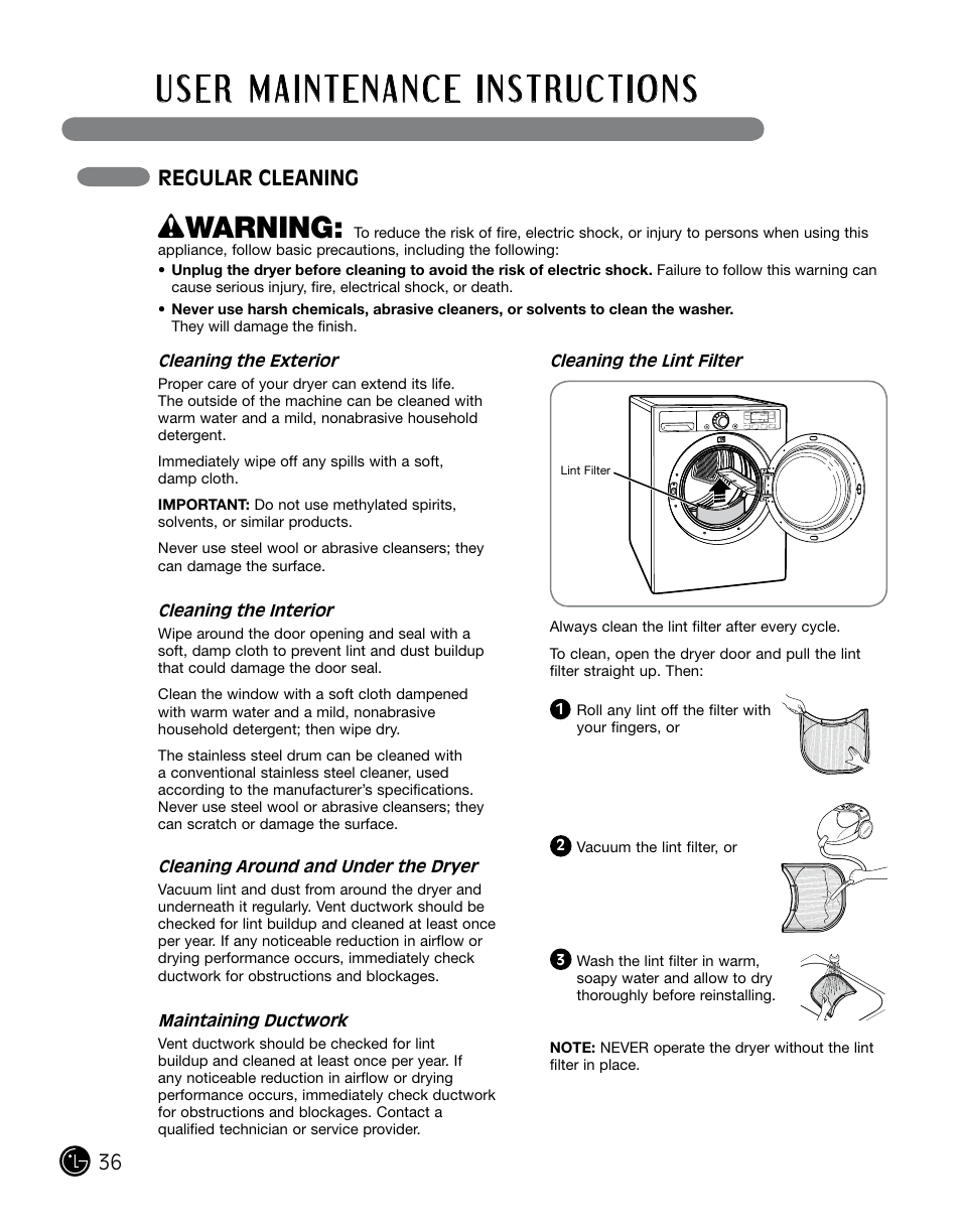 Wwarning, Regular cleaning | LG DLGX0002TM User Manual | Page 36 / 92