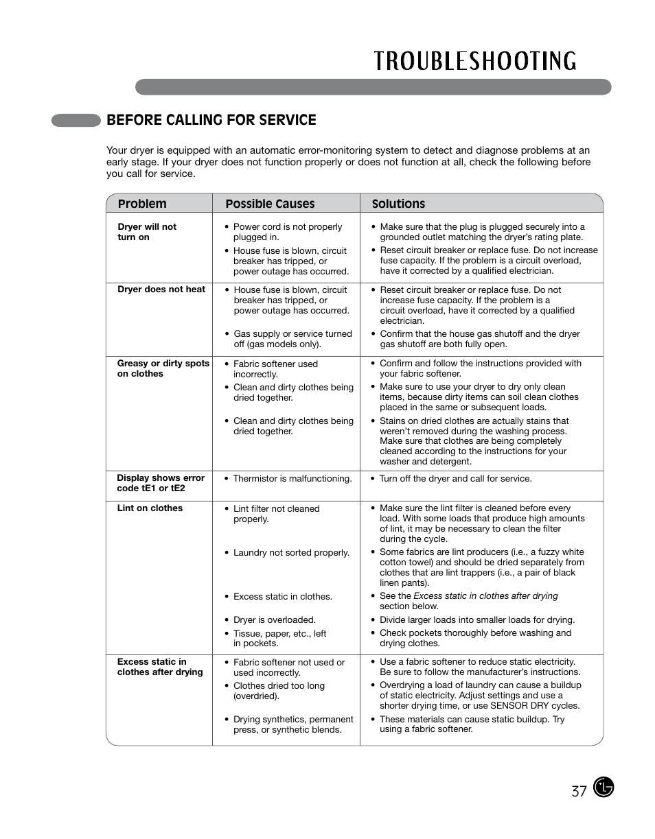 Before calling for service | LG DLGX0002TM User Manual | Page 37 / 92