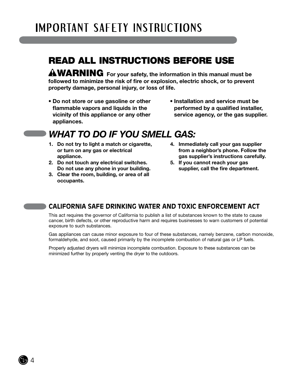 Read all instructions before use w warning, What to do if you smell gas | LG DLGX0002TM User Manual | Page 4 / 92