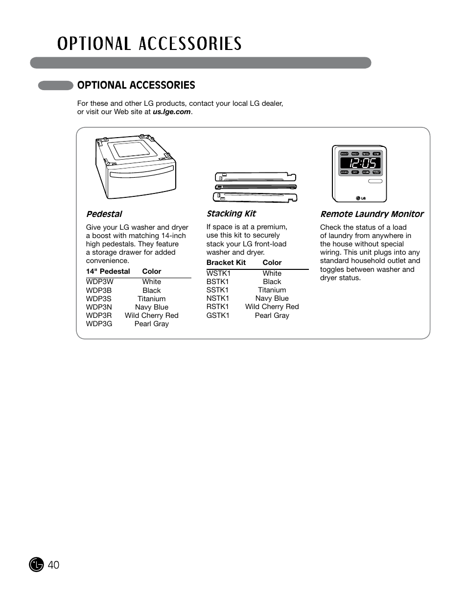 Optional accessories | LG DLGX0002TM User Manual | Page 40 / 92