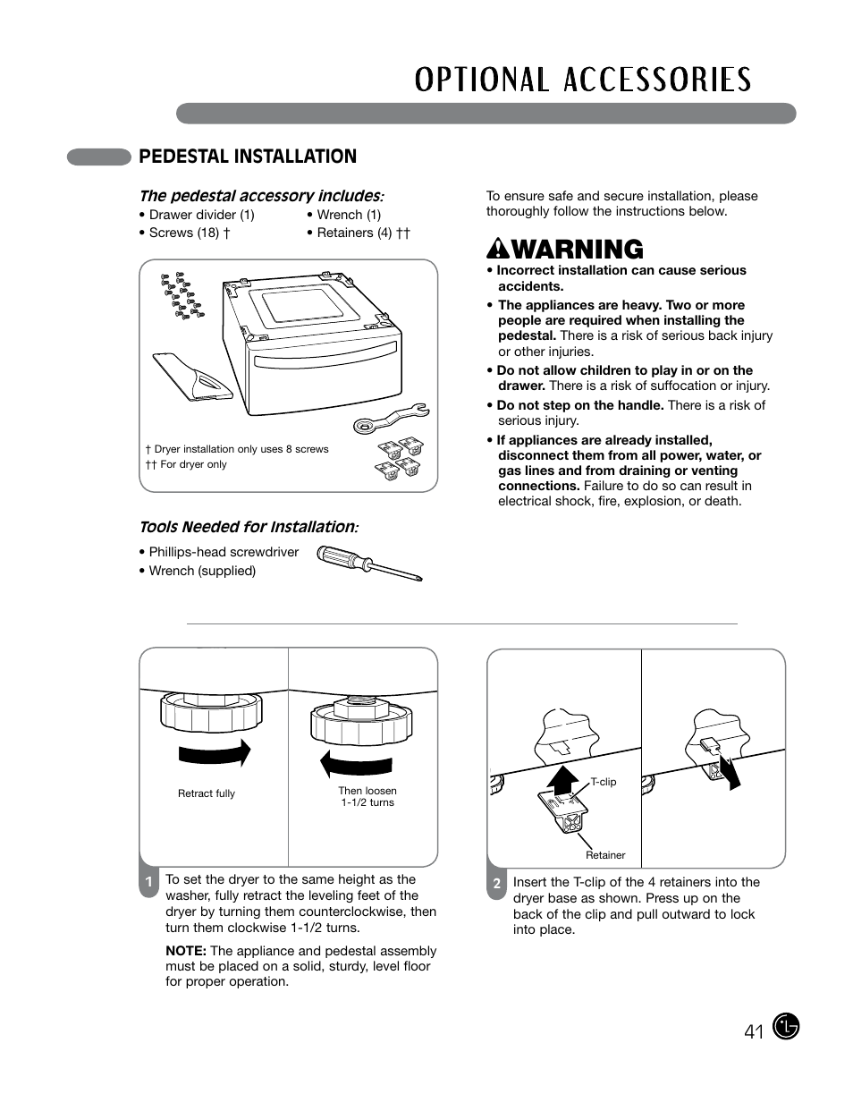 Wwarning, Pedestal installation | LG DLGX0002TM User Manual | Page 41 / 92