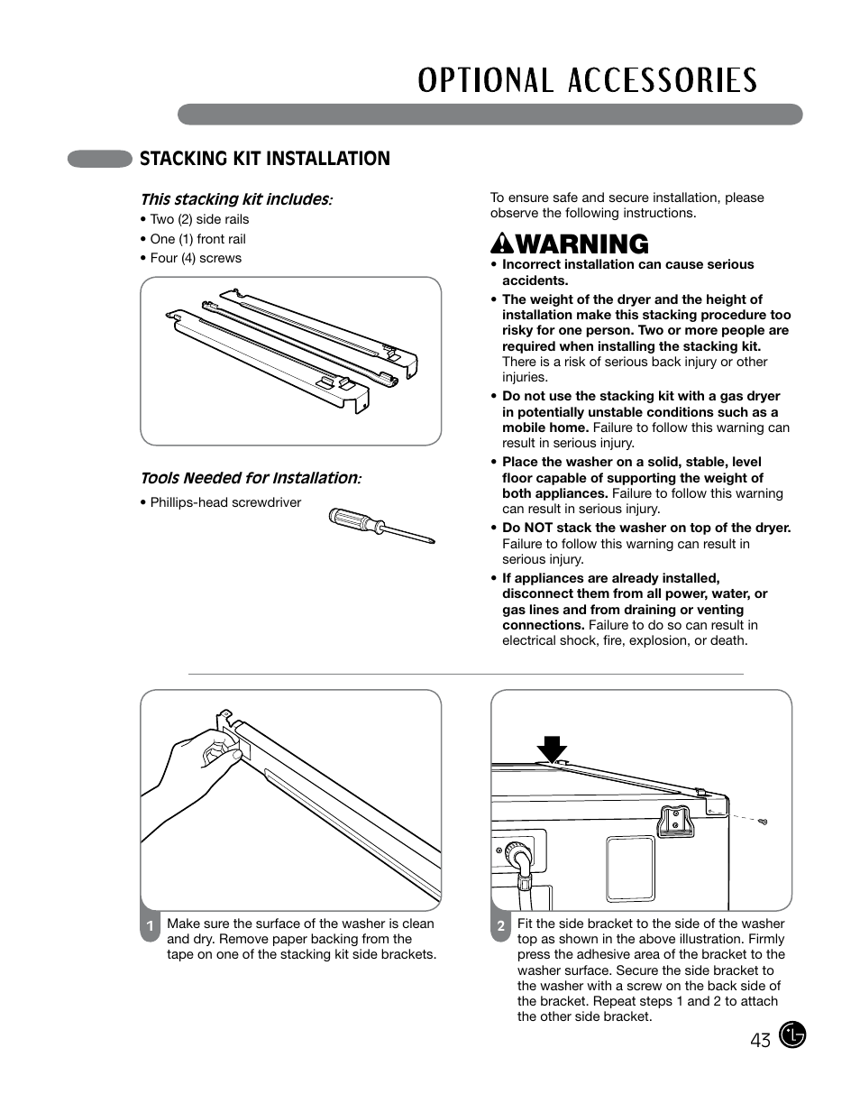 Wwarning, Stacking kit installation | LG DLGX0002TM User Manual | Page 43 / 92