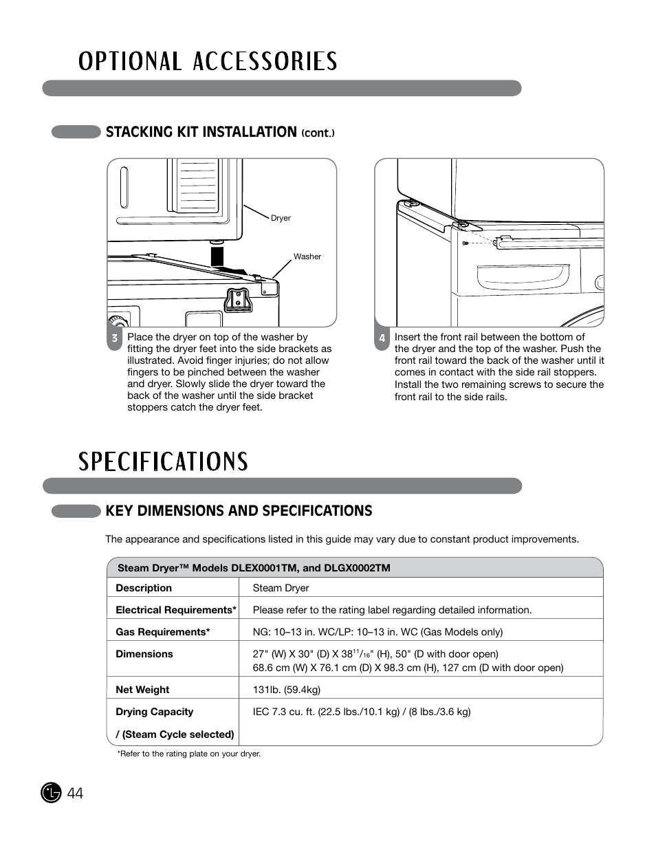 Key dimensions and specifications, Stacking kit installation | LG DLGX0002TM User Manual | Page 44 / 92