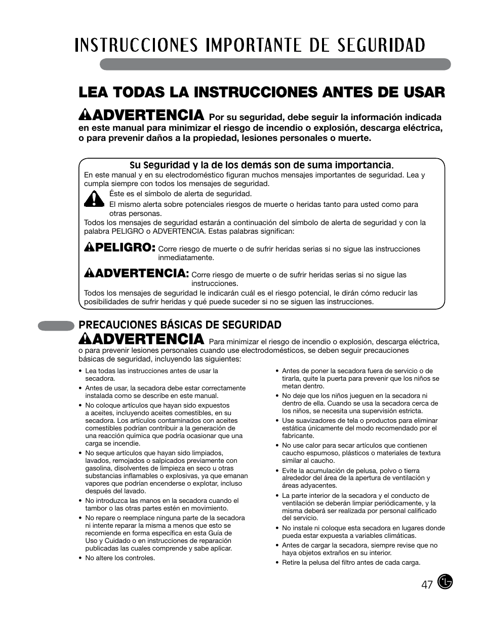Lea todas la instrucciones antes de usar, Wpeligro, Wadvertencia | Precauciones básicas de seguridad | LG DLGX0002TM User Manual | Page 47 / 92