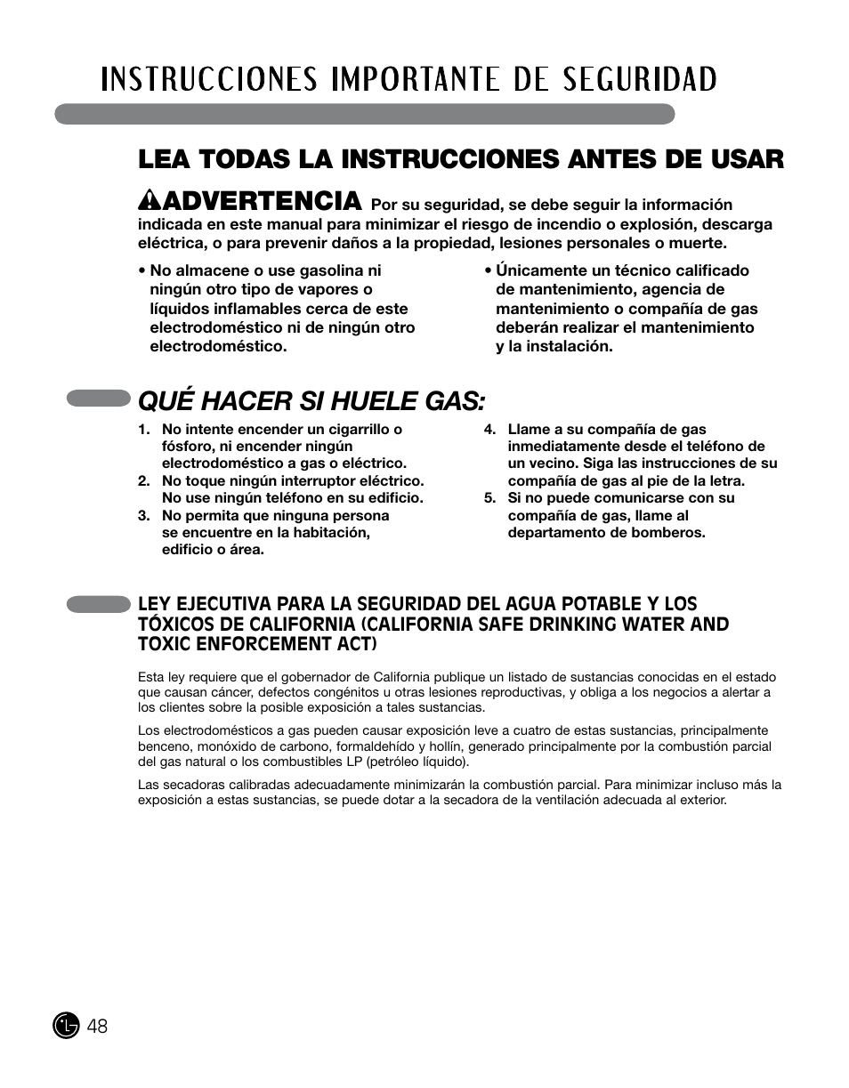 Qué hacer si huele gas | LG DLGX0002TM User Manual | Page 48 / 92
