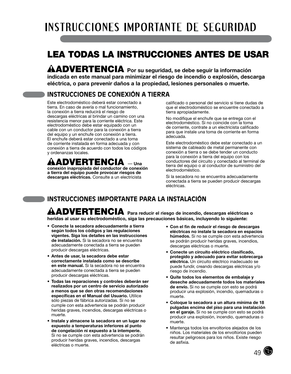 Lea todas la instrucciones antes de usar, Wadvertencia, Instrucciones de conexión a tierra | Instrucciones importante para la instalación | LG DLGX0002TM User Manual | Page 49 / 92