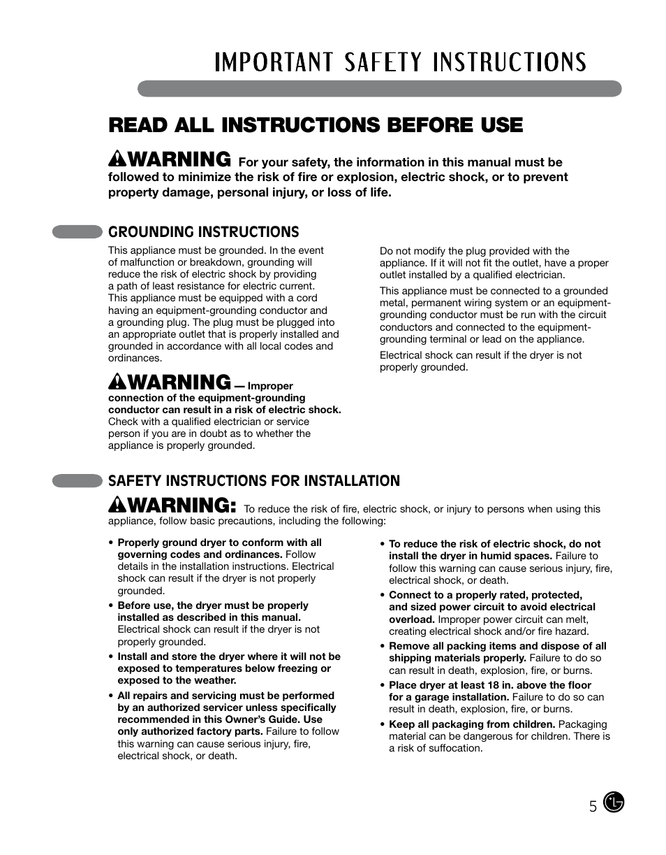 Wwarning, Read all instructions before use, Grounding instructions | Safety instructions for installation | LG DLGX0002TM User Manual | Page 5 / 92