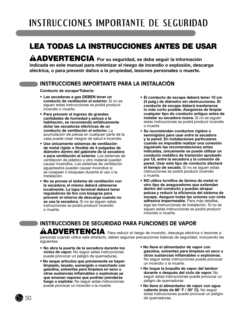 Wadvertencia | LG DLGX0002TM User Manual | Page 50 / 92