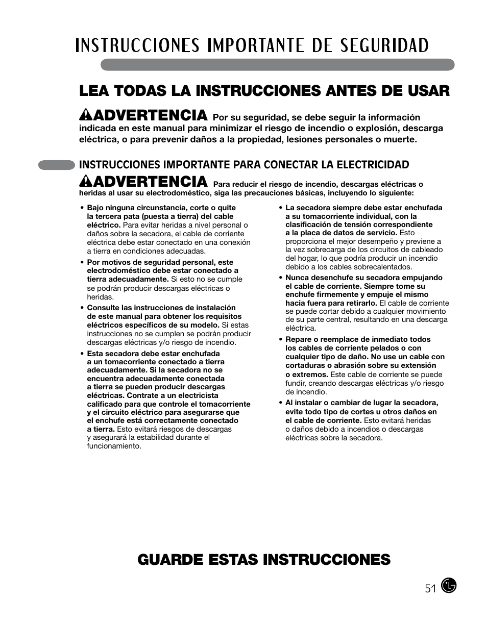 Guarde estas instrucciones, Wadvertencia | LG DLGX0002TM User Manual | Page 51 / 92