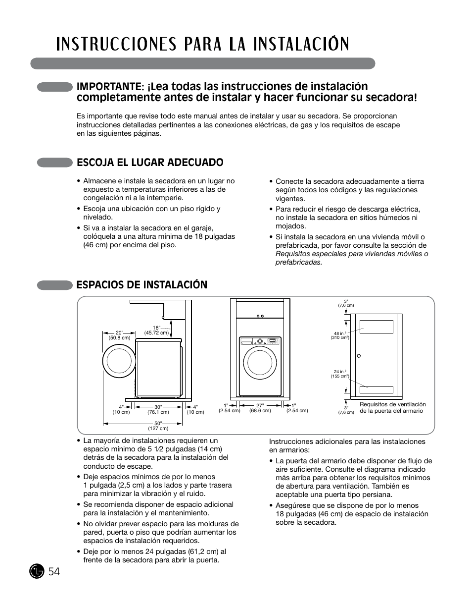 Escoja el lugar adecuado, Espacios de instalación | LG DLGX0002TM User Manual | Page 54 / 92