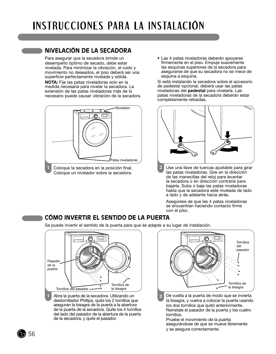 Nivelación de la secadora, Cómo invertir el sentido de la puerta | LG DLGX0002TM User Manual | Page 56 / 92