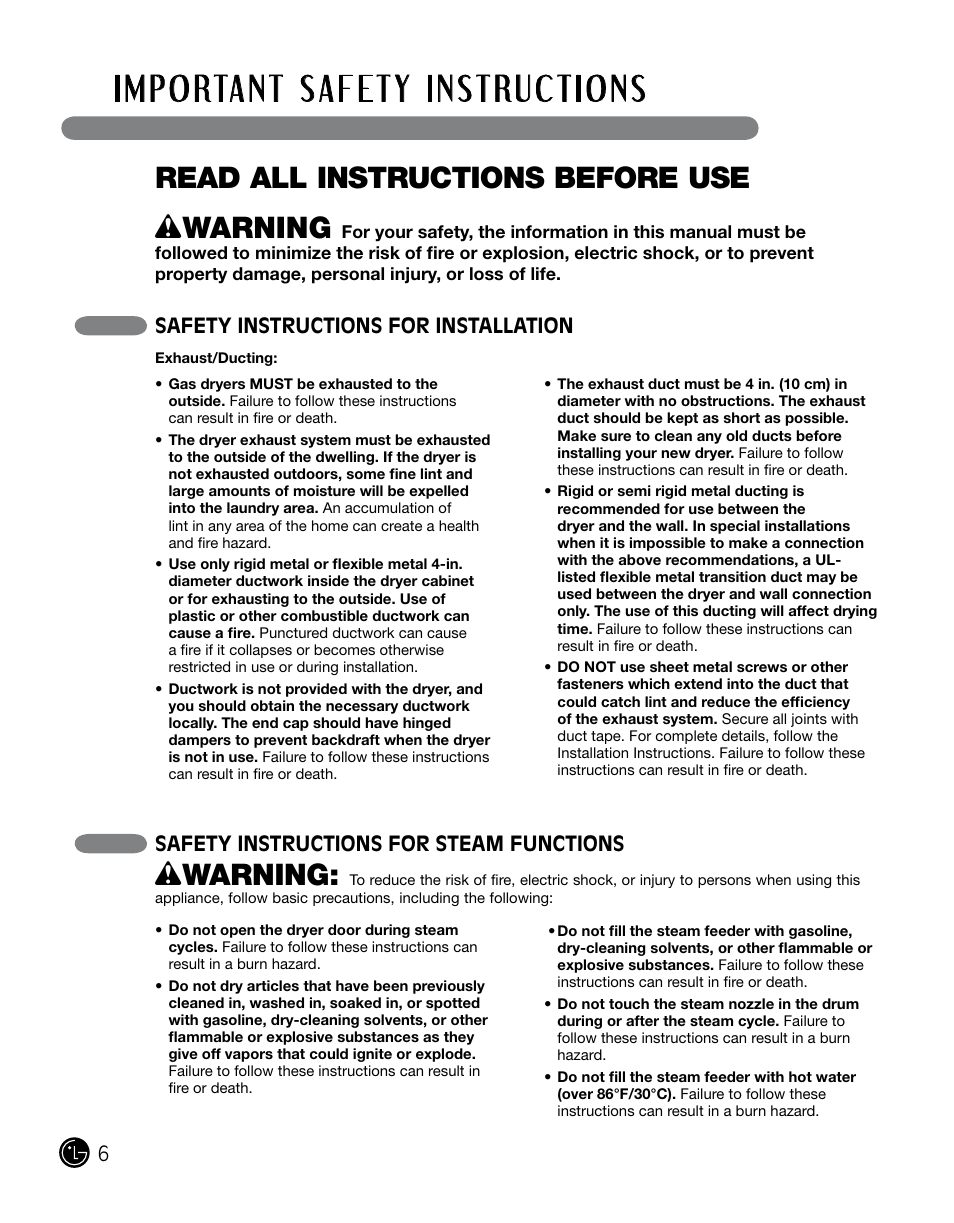 Read all instructions before use, Wwarning, Safety instructions for installation | Safety instructions for steam functions | LG DLGX0002TM User Manual | Page 6 / 92