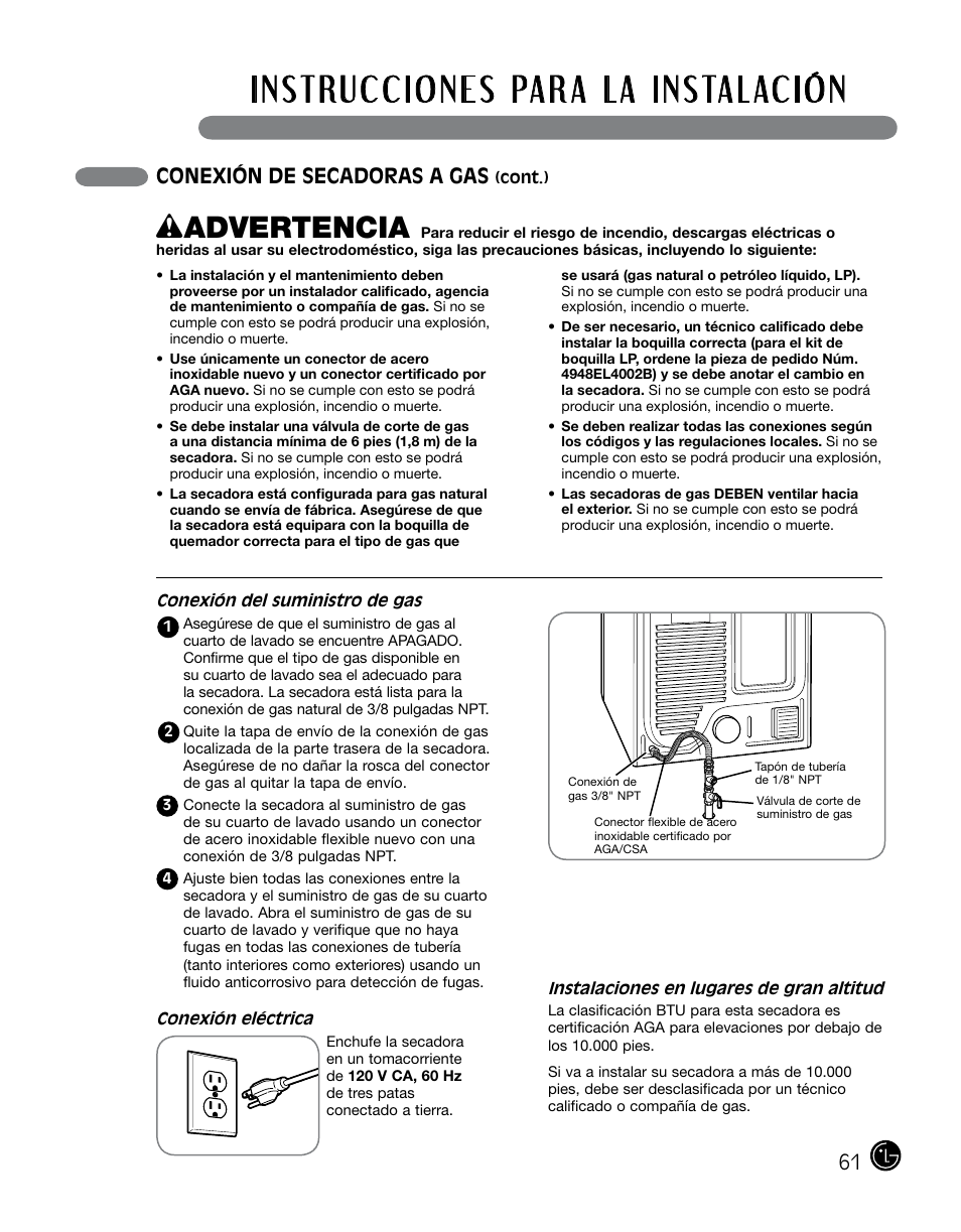 Wadvertencia, Conexión de secadoras a gas | LG DLGX0002TM User Manual | Page 61 / 92