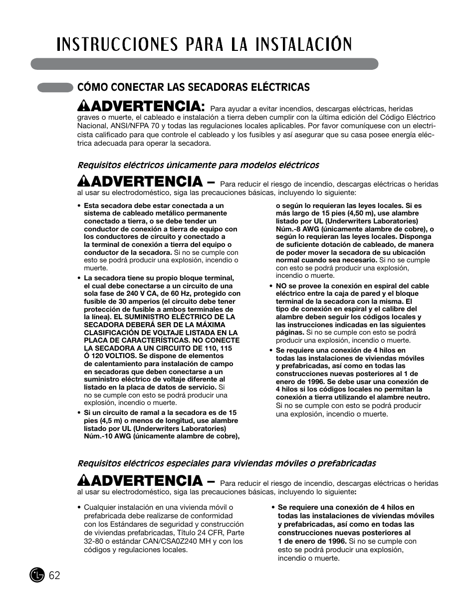Wadvertencia, Cómo conectar las secadoras eléctricas | LG DLGX0002TM User Manual | Page 62 / 92