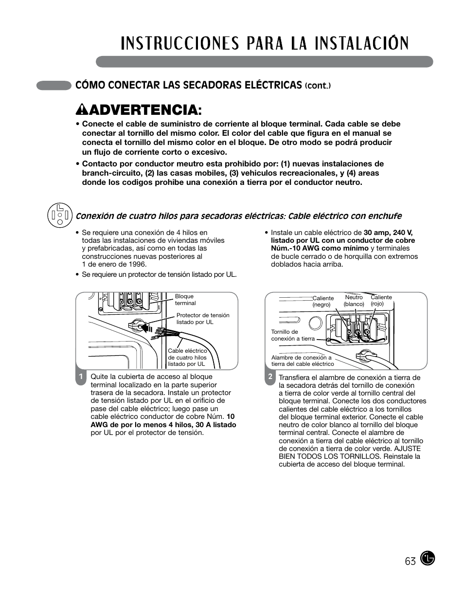 Wadvertencia, Cómo conectar las secadoras eléctricas | LG DLGX0002TM User Manual | Page 63 / 92