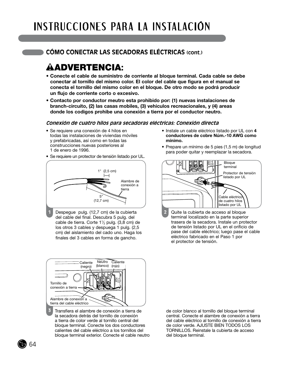 Wadvertencia, 64 cómo conectar las secadoras eléctricas | LG DLGX0002TM User Manual | Page 64 / 92