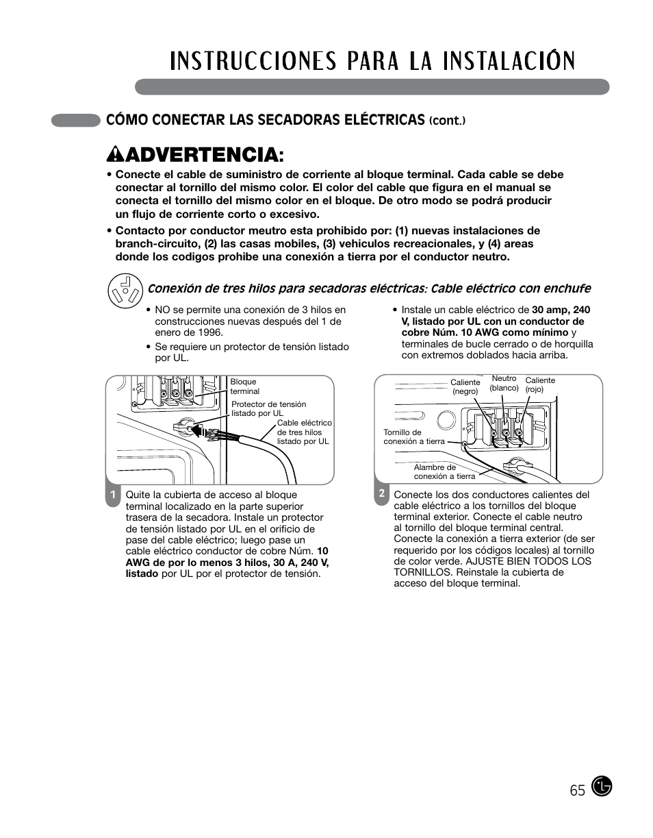 Wadvertencia, Cómo conectar las secadoras eléctricas | LG DLGX0002TM User Manual | Page 65 / 92