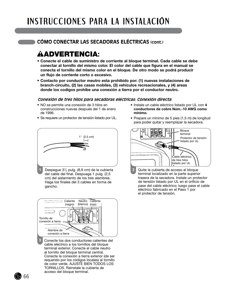 Wadvertencia, Cómo conectar las secadoras eléctricas | LG DLGX0002TM User Manual | Page 66 / 92