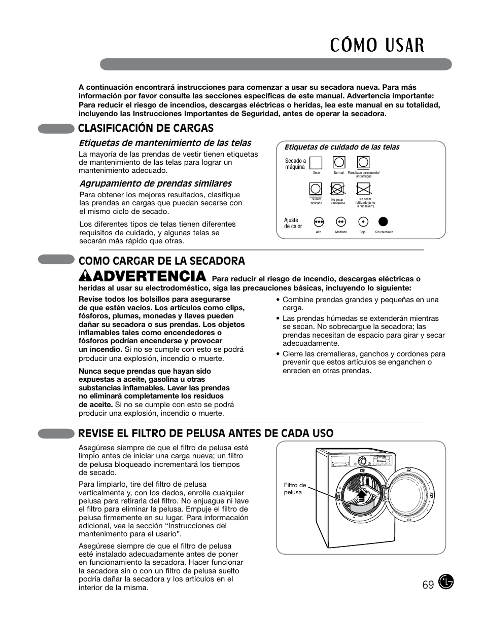 Wadvertencia, Como cargar de la secadora, Clasificación de cargas | Revise el filtro de pelusa antes de cada uso | LG DLGX0002TM User Manual | Page 69 / 92