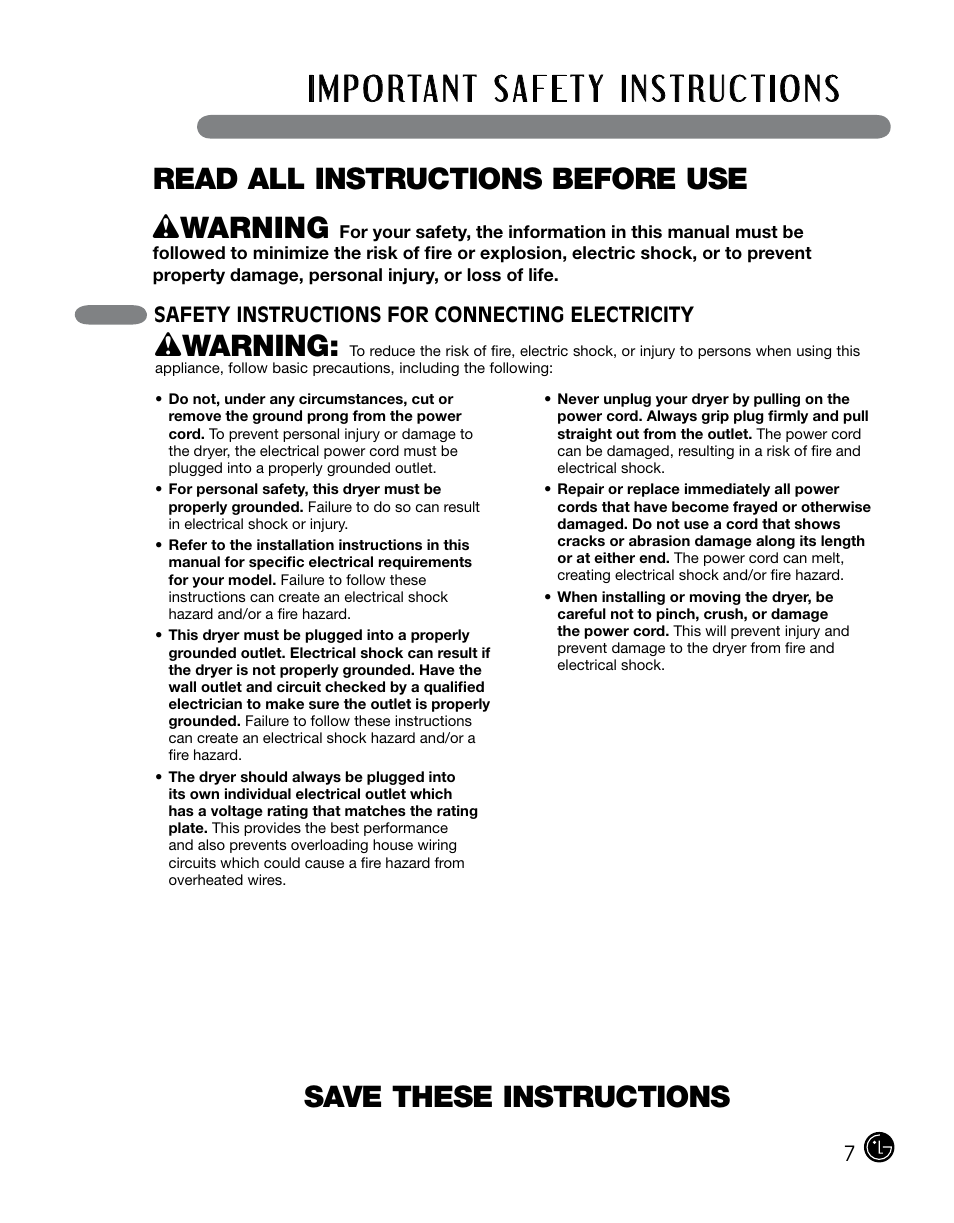 Save these instructions, Wwarning, Read all instructions before use w warning | Safety instructions for connecting electricity | LG DLGX0002TM User Manual | Page 7 / 92