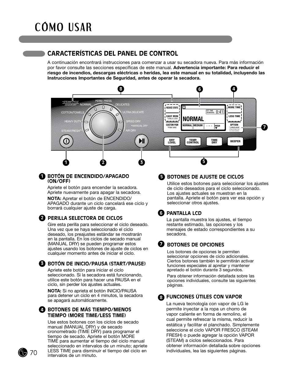 Características del panel de control, Normal | LG DLGX0002TM User Manual | Page 70 / 92