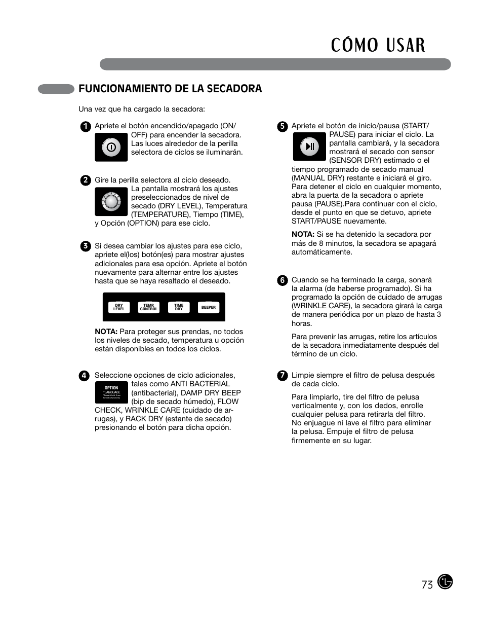 Funcionamiento de la secadora | LG DLGX0002TM User Manual | Page 73 / 92