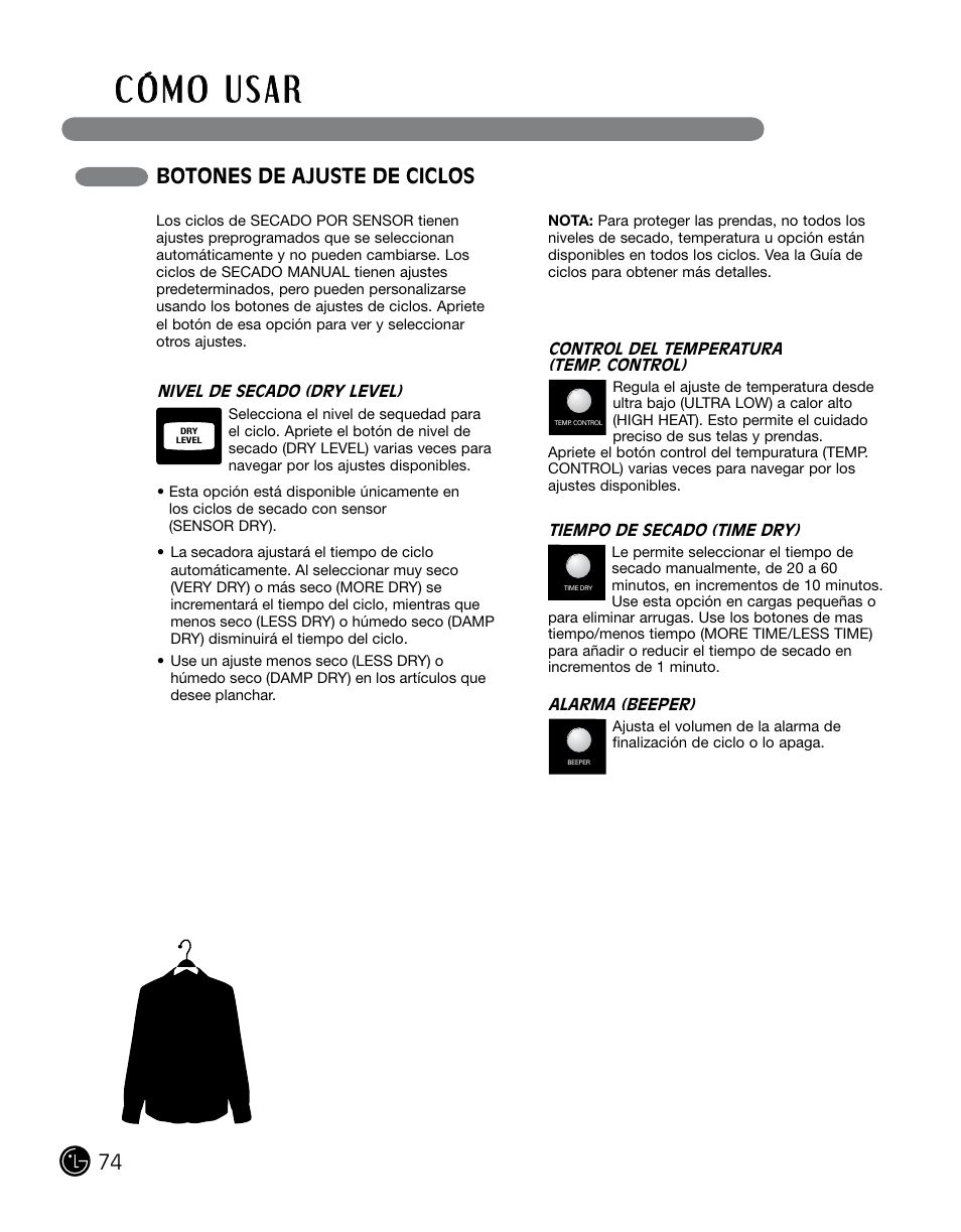 Botones de ajuste de ciclos | LG DLGX0002TM User Manual | Page 74 / 92
