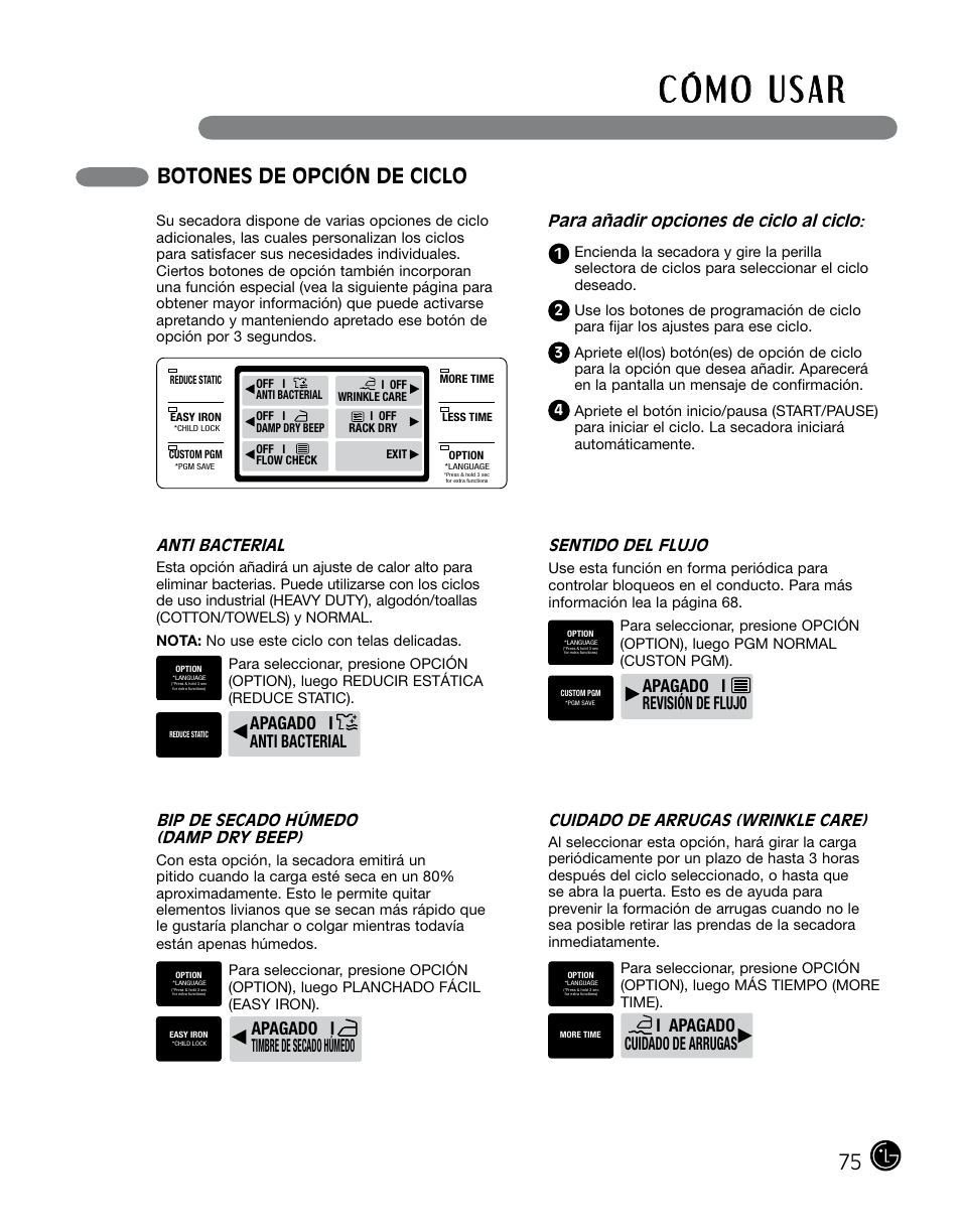 Botones de opción de ciclo, Para añadir opciones de ciclo al ciclo, Cuidado de arrugas (wrinkle care) | Anti bacterial, Bip de secado húmedo (damp dry beep), Sentido del flujo | LG DLGX0002TM User Manual | Page 75 / 92