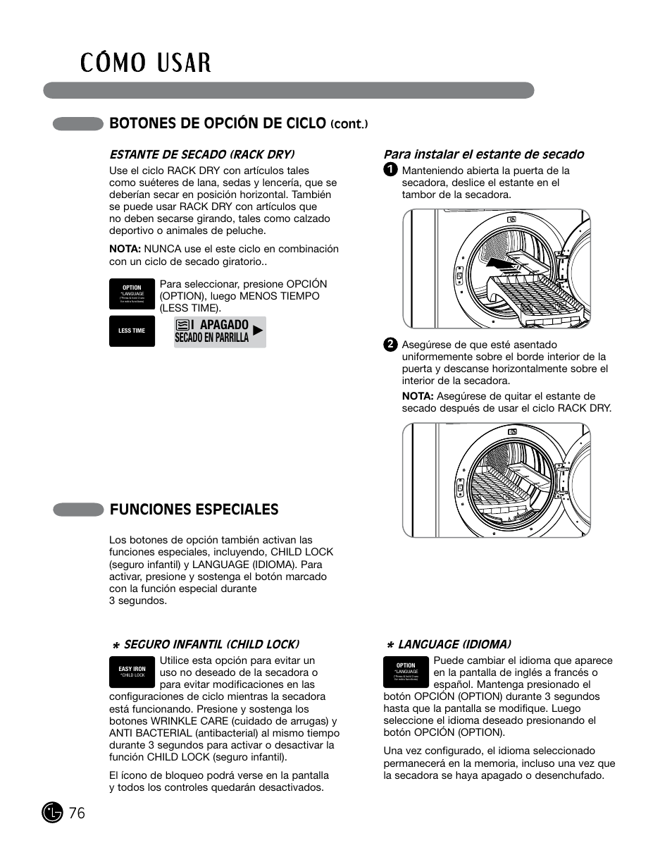 Funciones especiales, Botones de opción de ciclo, I apagado secado en parrilla | LG DLGX0002TM User Manual | Page 76 / 92