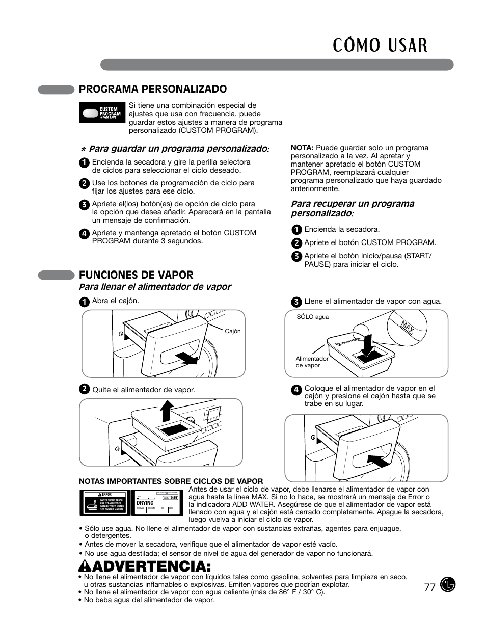 Wadvertencia, Programa personalizado, Funciones de vapor | LG DLGX0002TM User Manual | Page 77 / 92