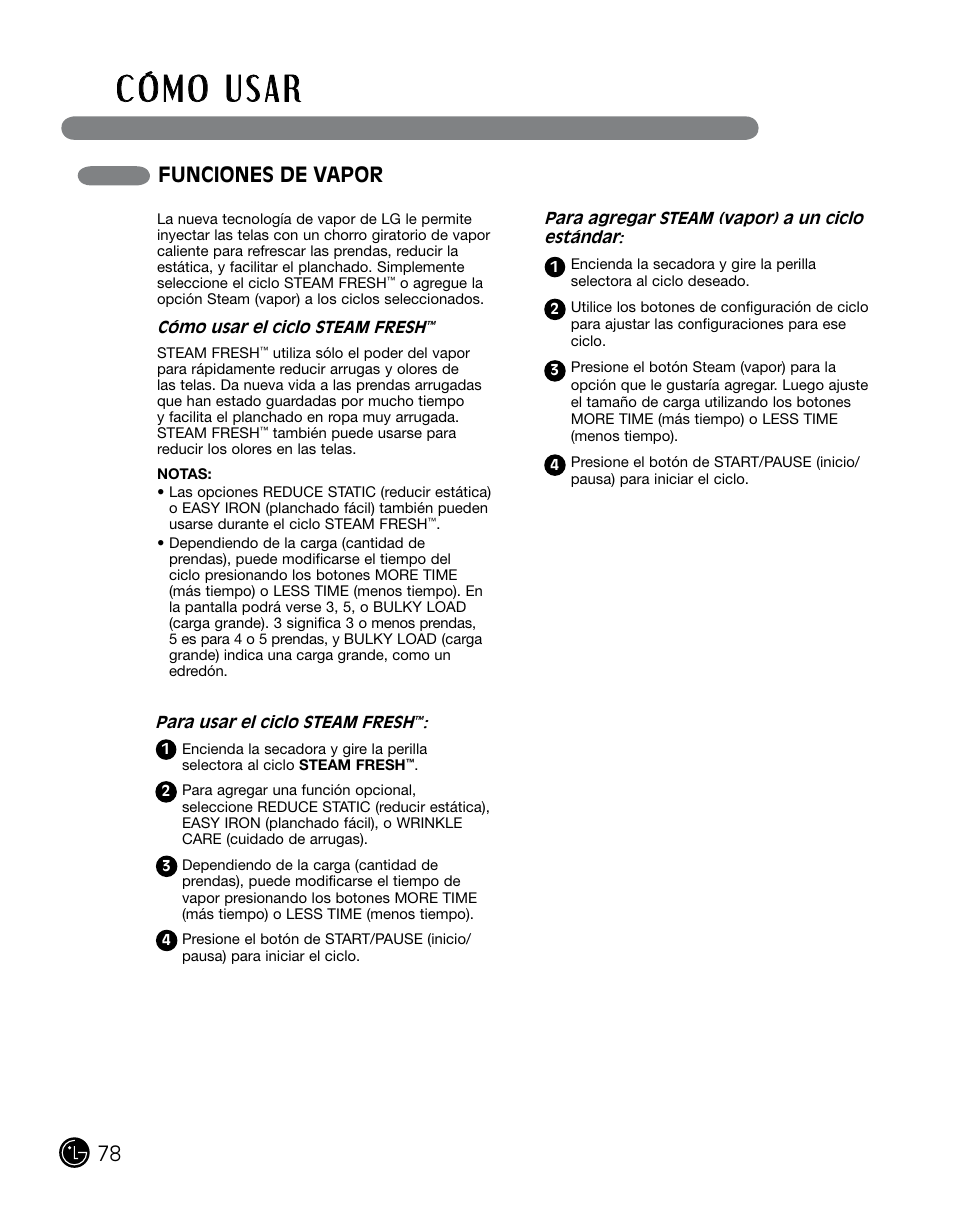 Funciones de vapor | LG DLGX0002TM User Manual | Page 78 / 92