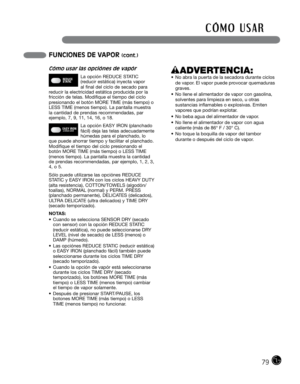 Wadvertencia, Funciones de vapor | LG DLGX0002TM User Manual | Page 79 / 92