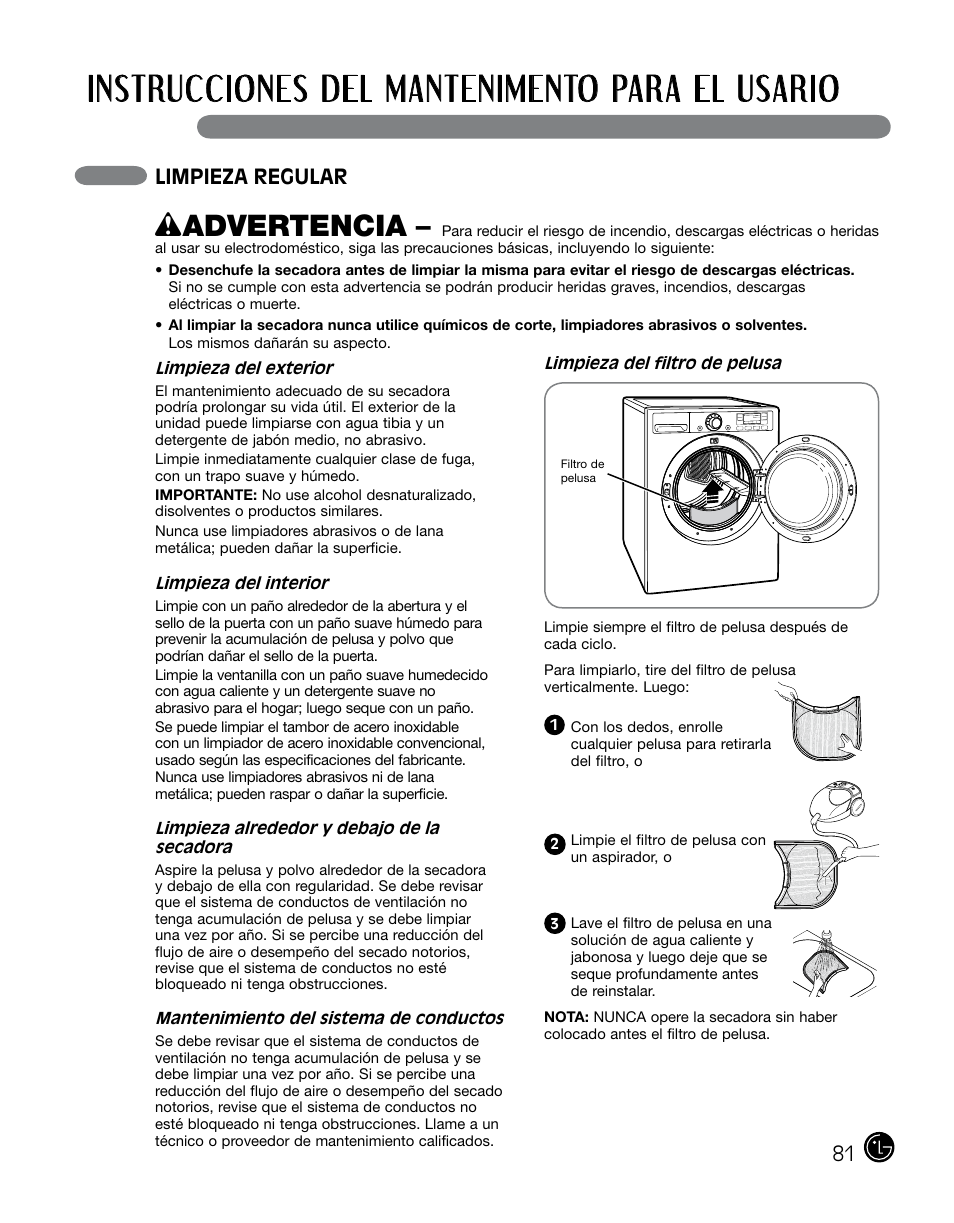 Instrucciones del mantenimento para el usario, Wadvertencia, Limpieza regular | LG DLGX0002TM User Manual | Page 81 / 92