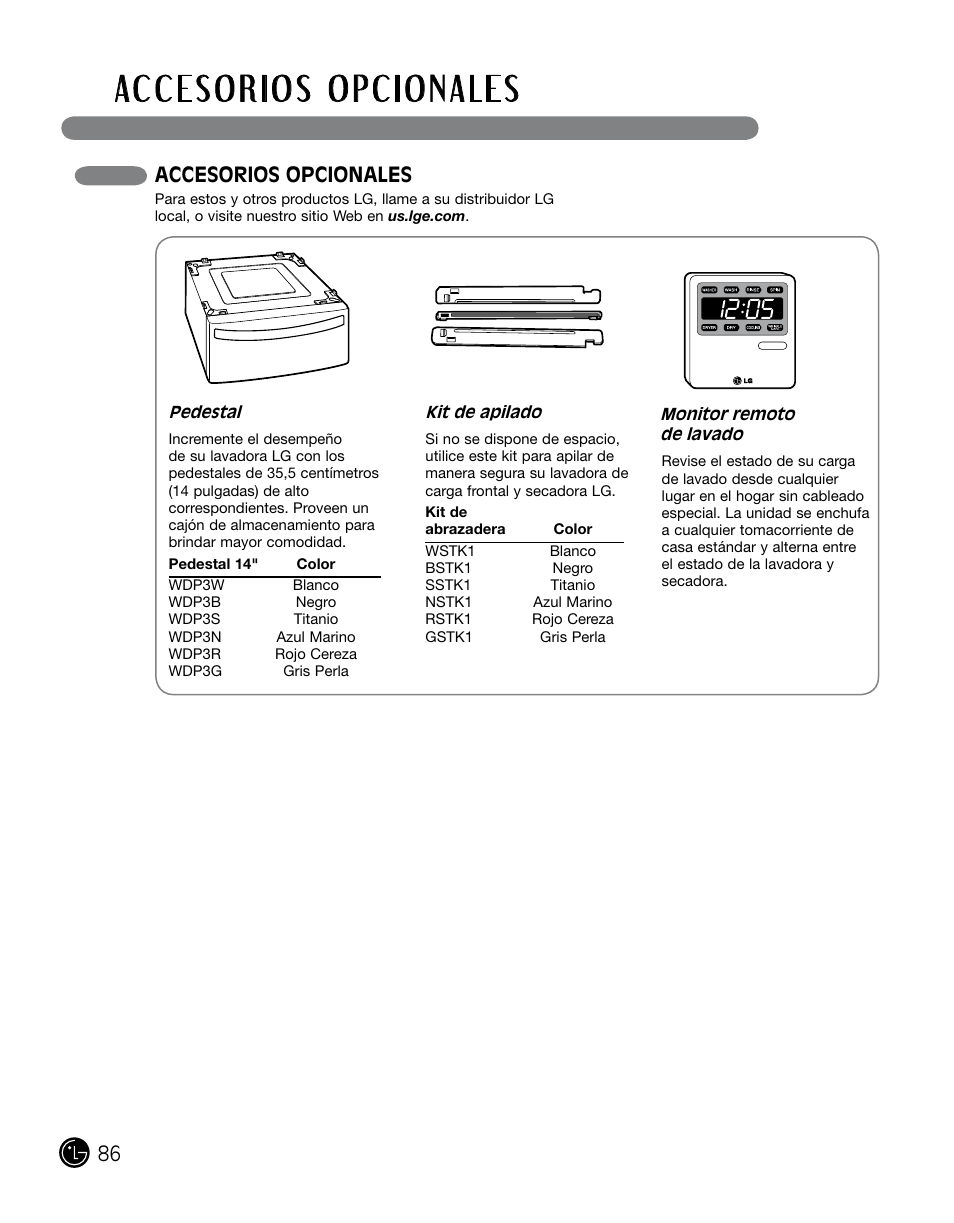 Accesorios opcionales | LG DLGX0002TM User Manual | Page 86 / 92