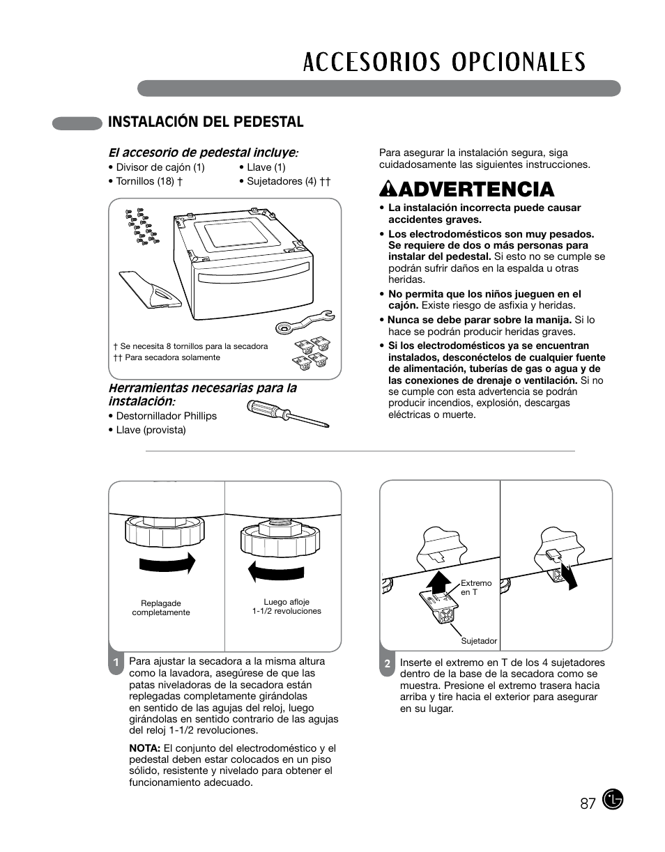 Wadvertencia, Instalación del pedestal | LG DLGX0002TM User Manual | Page 87 / 92