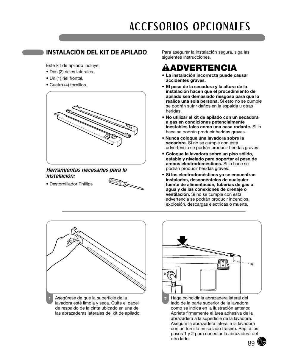 Wadvertencia, Instalación del kit de apilado | LG DLGX0002TM User Manual | Page 89 / 92