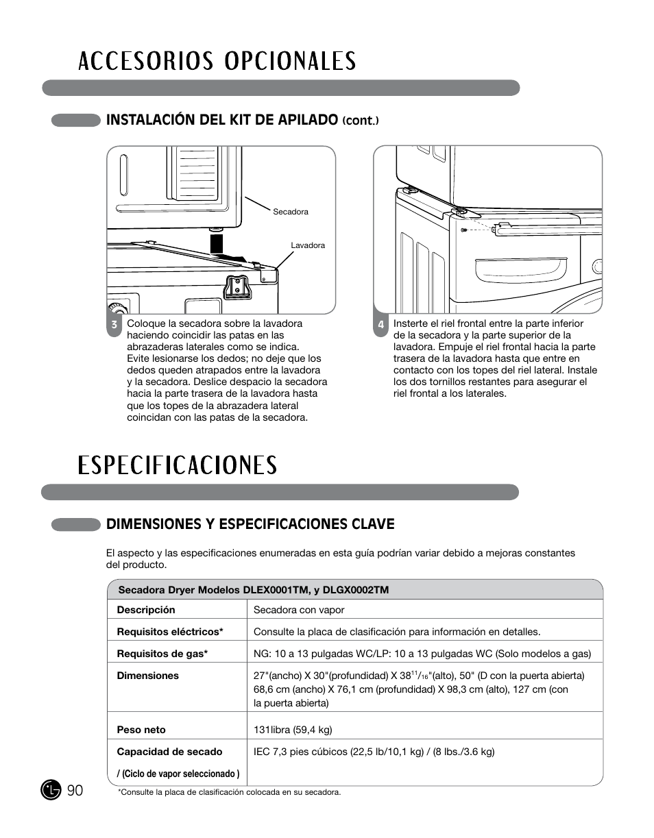 Instalación del kit de apilado, Dimensiones y especificaciones clave | LG DLGX0002TM User Manual | Page 90 / 92