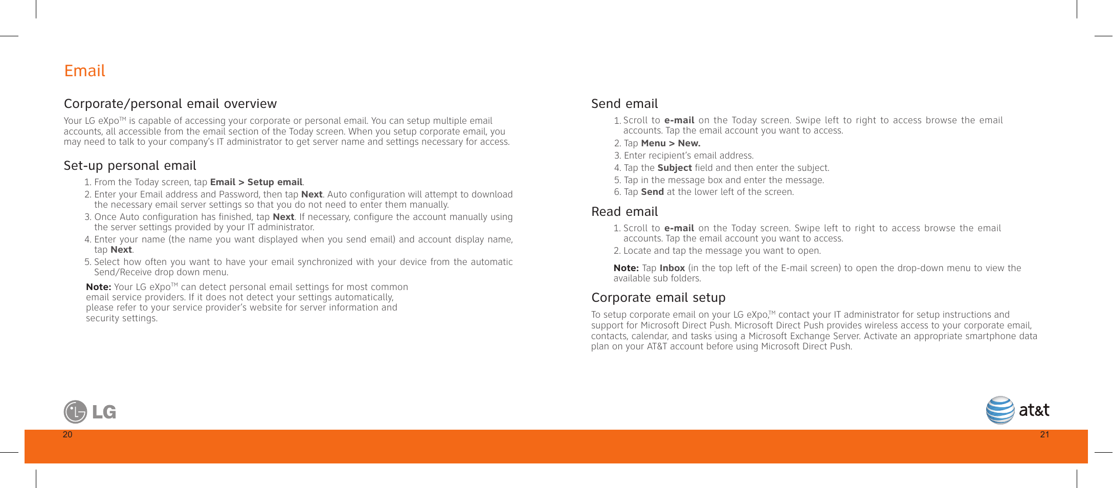 Email, Corporate/personal email overview, Set-up personal email | Send email, Read email, Corporate email setup | LG GW820 User Manual | Page 12 / 17