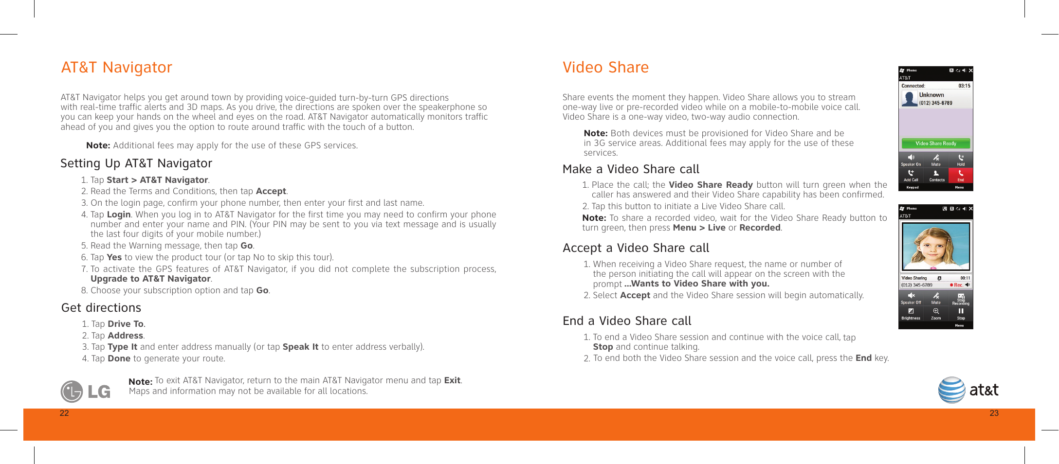 At&t navigator, Video share, Download and install at&t navigator | Get directions, Make a video share call, Accept a video share call, End a video share call, Setting up at&t navigator | LG GW820 User Manual | Page 13 / 17