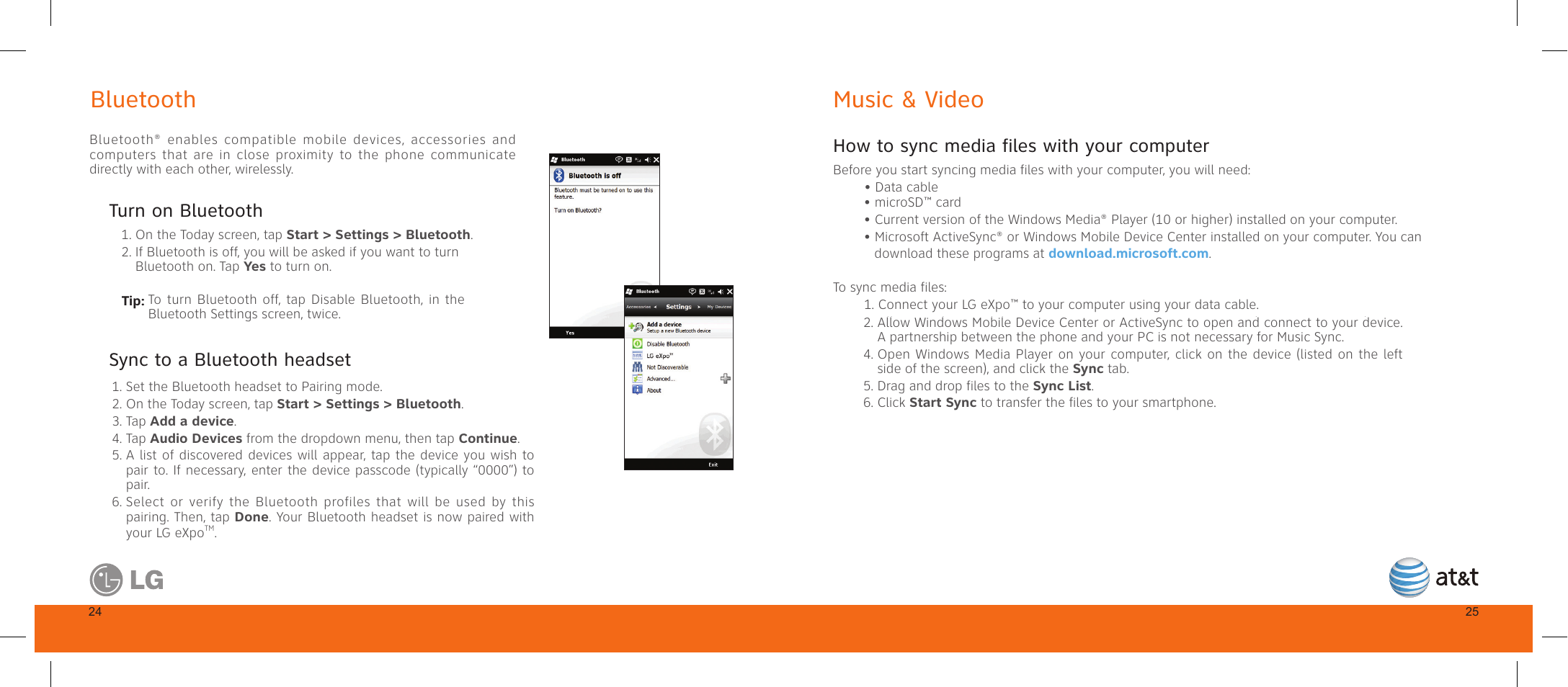 Bluetooth, Music & video, Turn on bluetooth | Sync to a bluetooth headset, How to sync media files with your computer, Sync to a bluetooth headset turn on bluetooth | LG GW820 User Manual | Page 14 / 17