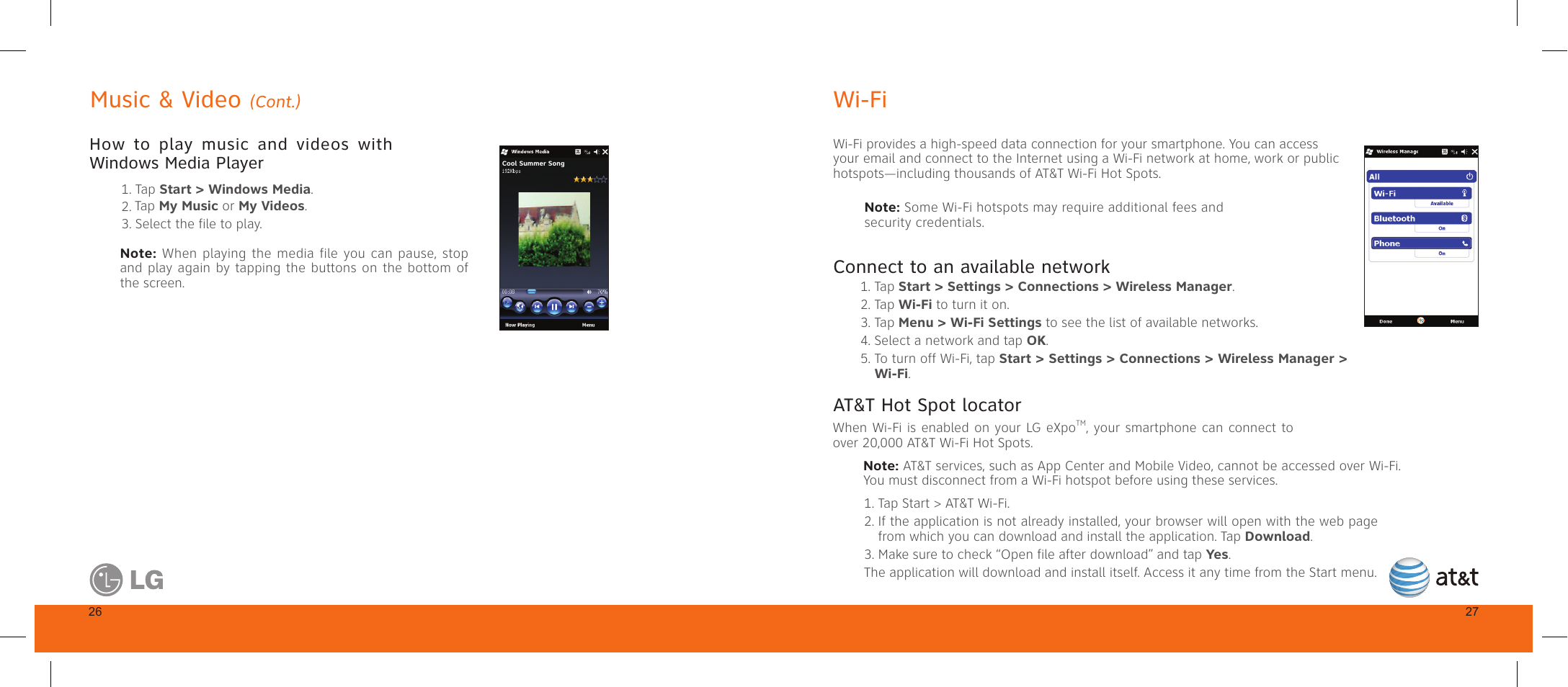 Music & video, Wi-fi, Connect to an available network | At&t hot spot locator, Cont.) | LG GW820 User Manual | Page 15 / 17