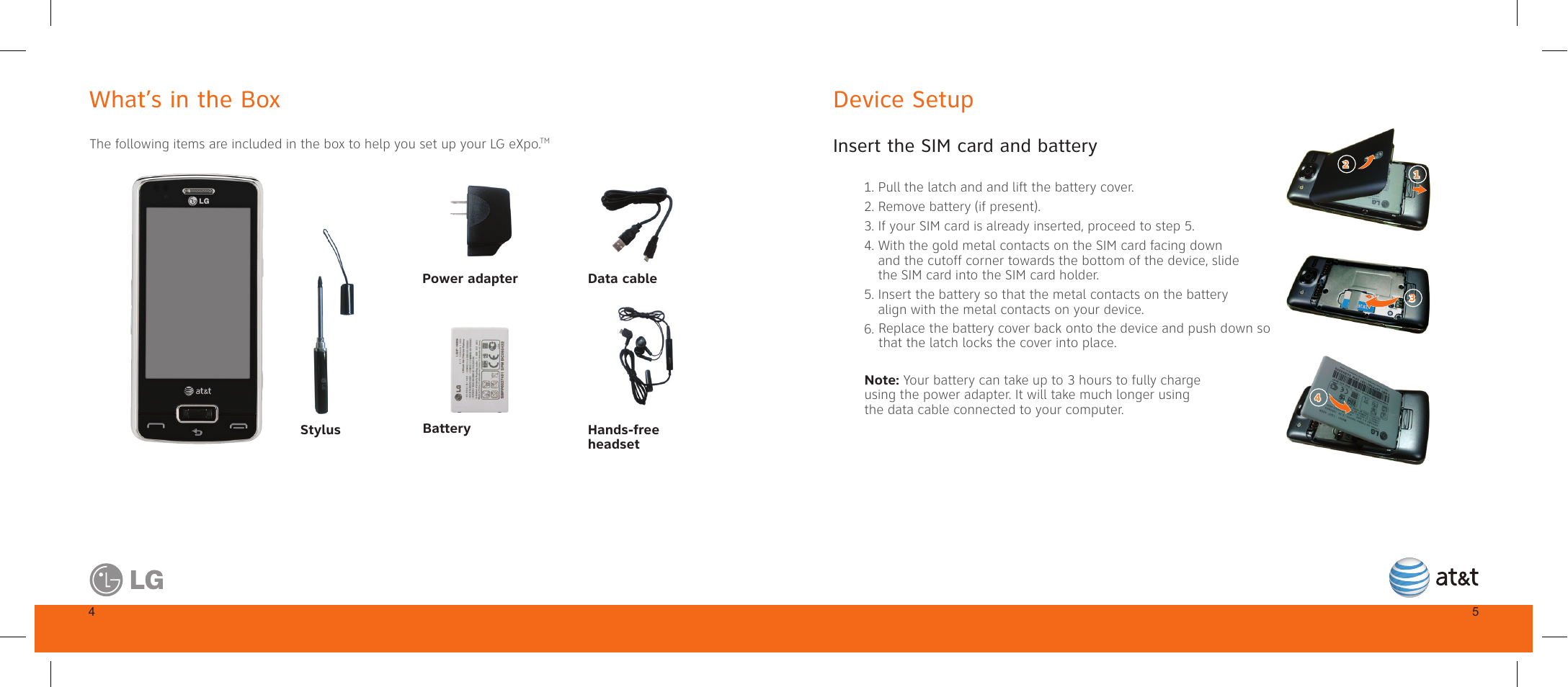 What’s in the box, Device setup, Insert the sim card and battery | LG GW820 User Manual | Page 4 / 17