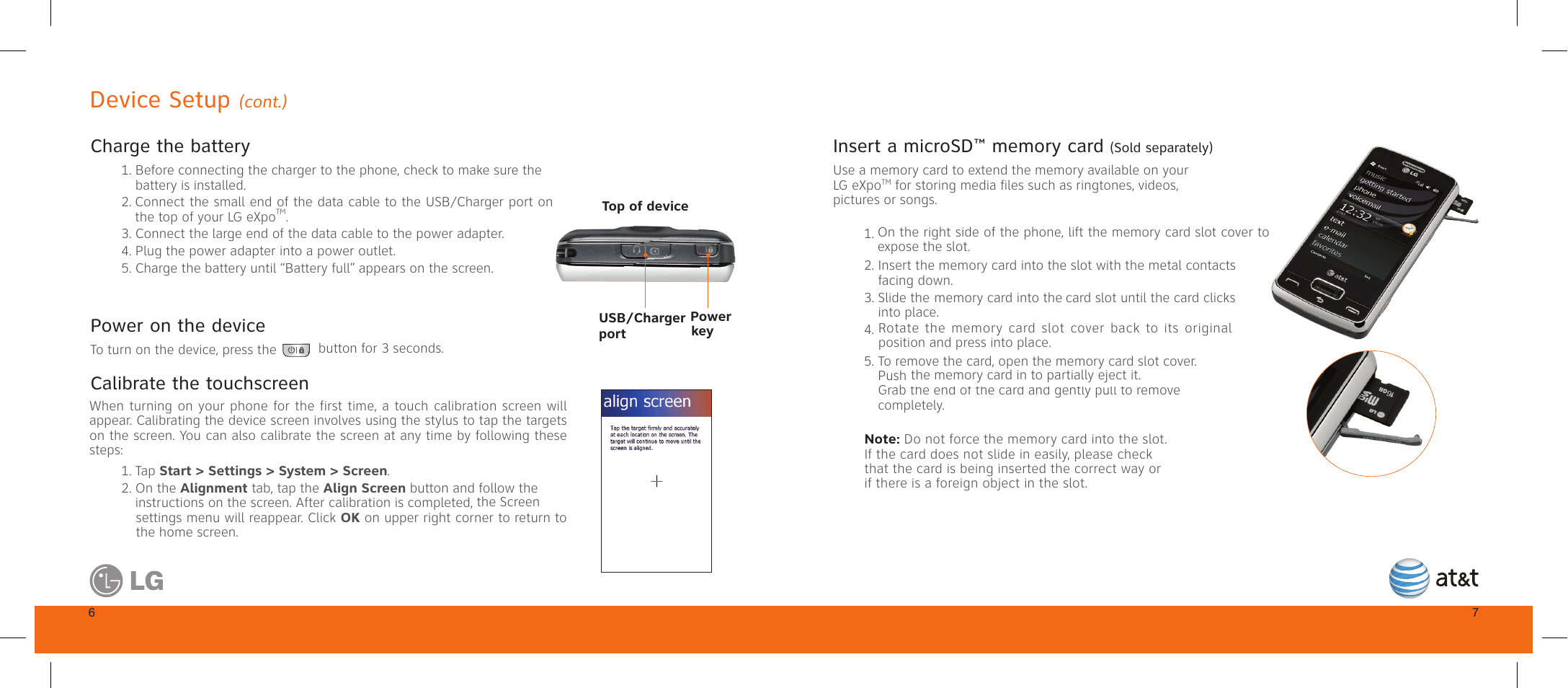 Device setup, Charge the battery, Power on the device | Calibrate the touchscreen, Cont.) | LG GW820 User Manual | Page 5 / 17