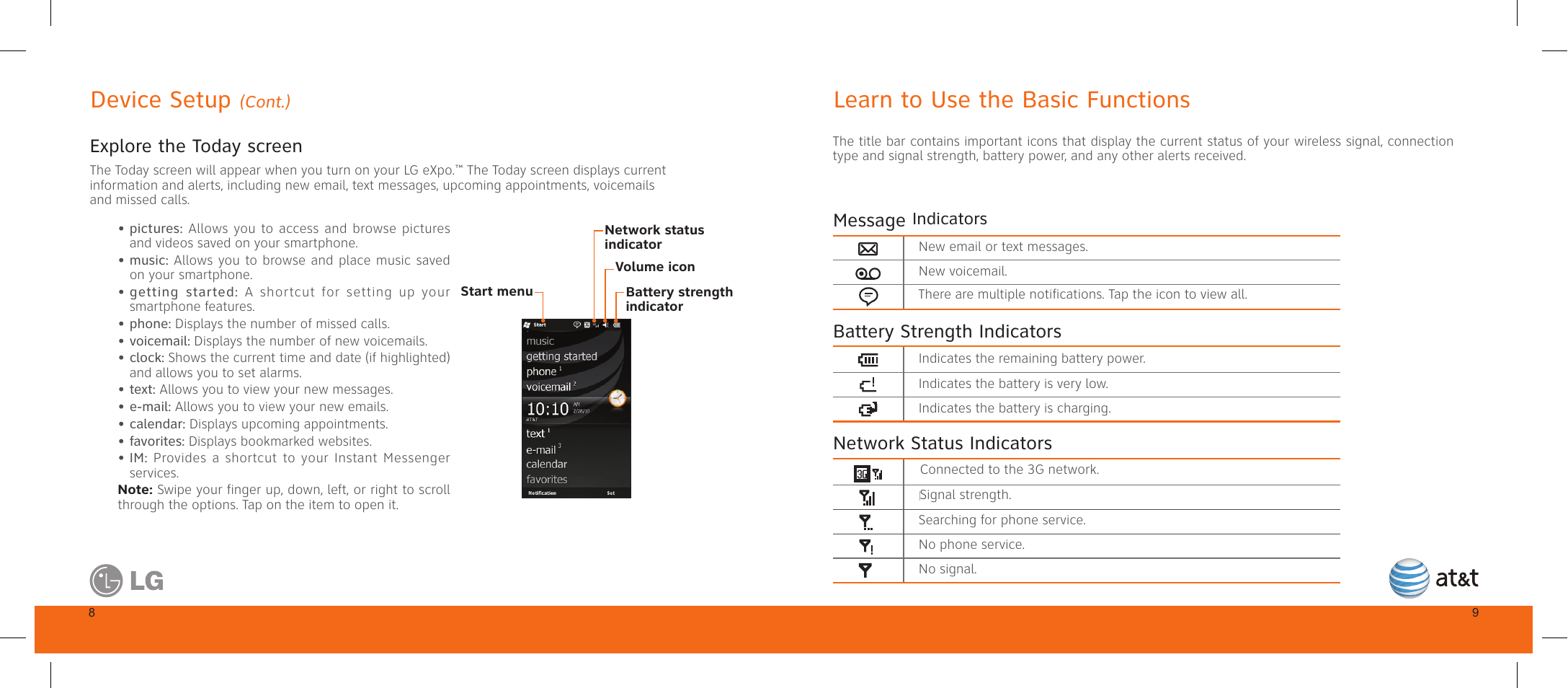 Device setup, Learn to use the basic functions, Explore the today screen | Message list status indicators, Battery strength indicators, Network status indicators | LG GW820 User Manual | Page 6 / 17