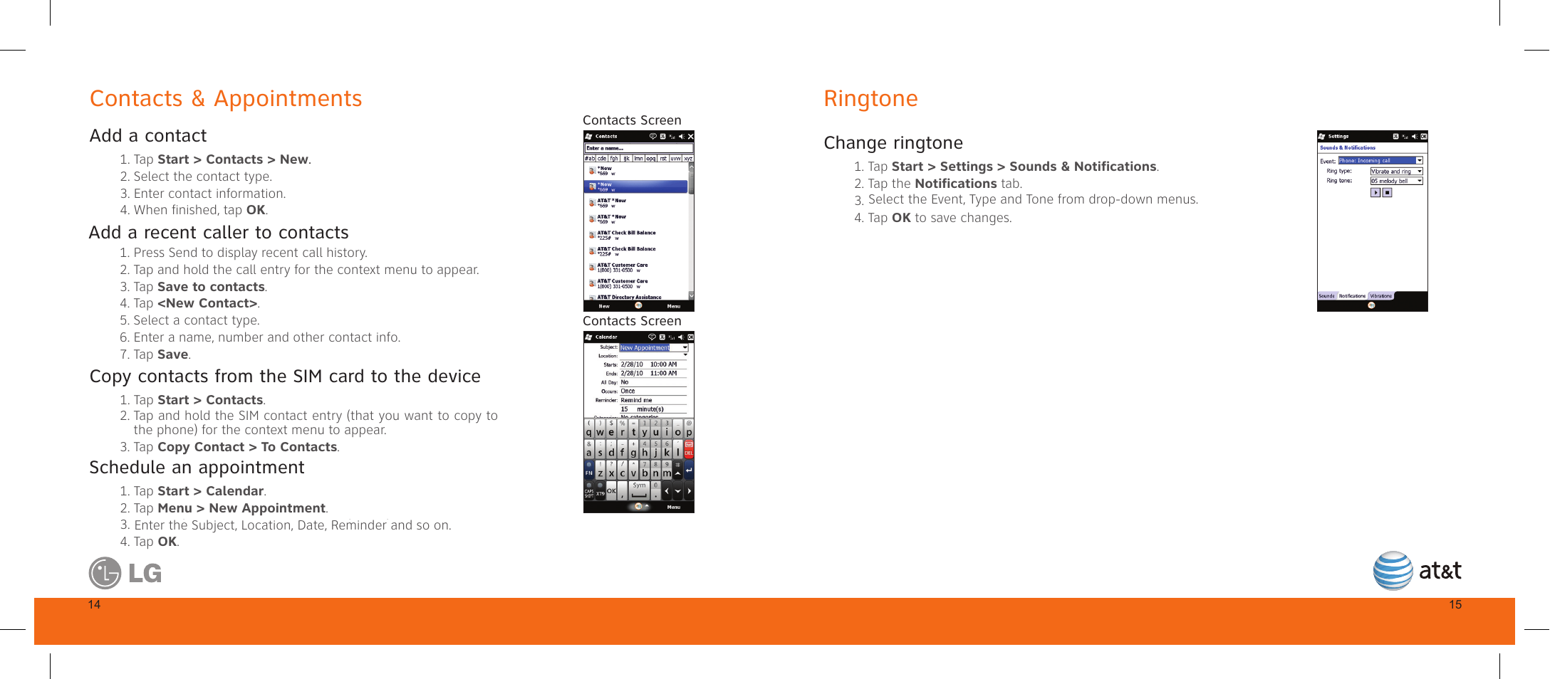 Contacts & appointments, Ringtone | LG GW820 User Manual | Page 9 / 17