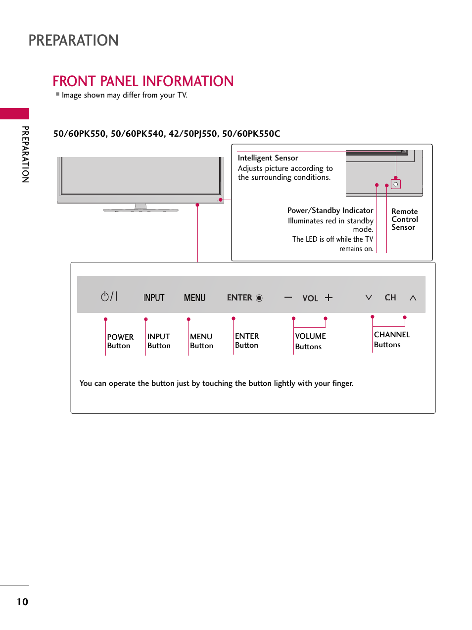 Front panel information, Preparation | LG 50PK550C User Manual | Page 10 / 120