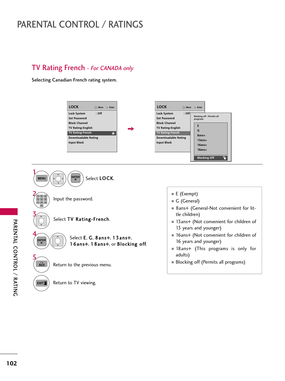 Parental control / ratings, Tv rating french, For canada only | Parent al contr ol / r a ting | LG 50PK550C User Manual | Page 102 / 120